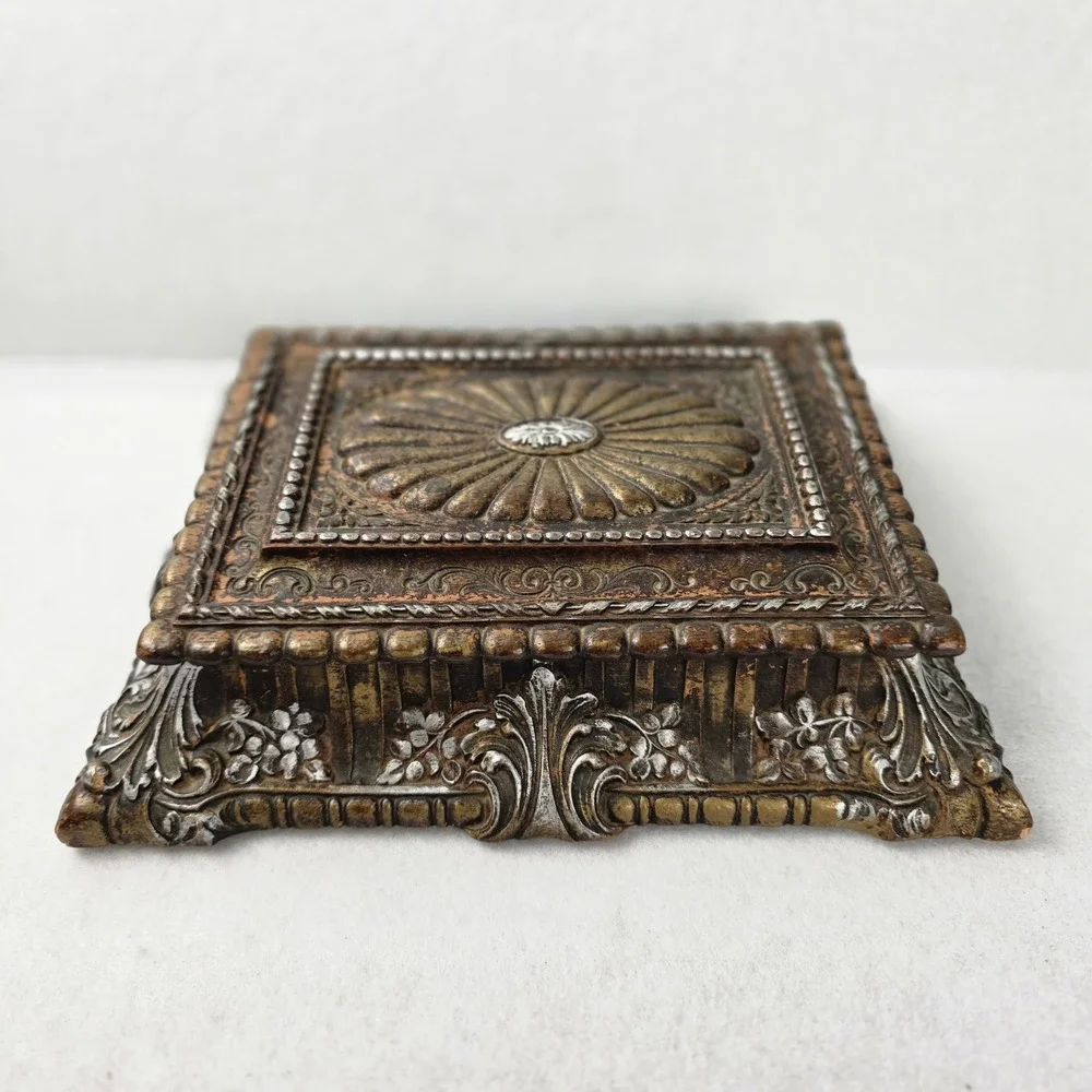 Syroco Vintage Ornate Bronze Silver Jewelry Box with Removable Wood Tray 12in
